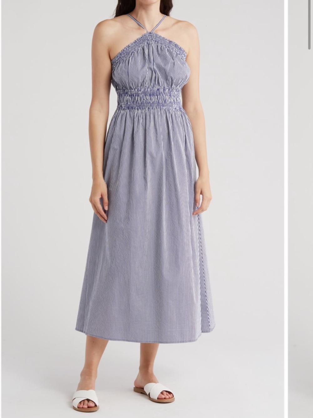 Rachel Parcell Blue Pinstripe Smocked Halter Midi Dress